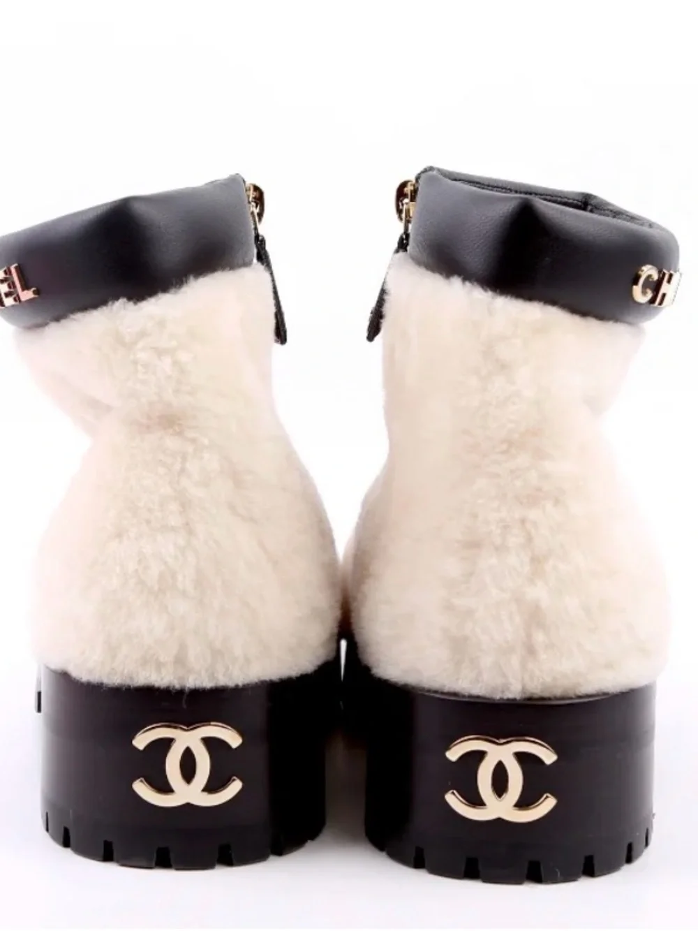 CHANEL Cream Shearling Ankle Boots with Black Leather Trim